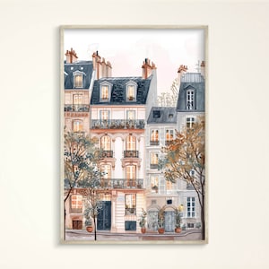 Parisian Tenements Art Print, Cozy Paris Travel Framed Poster, Warm French Housewarming Gift Canvas, Minimalist Summer Houses Wall-Art Decor