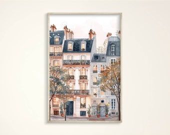 Parisian Tenements Art Print, Cozy Paris Travel Framed Poster, Warm French Housewarming Gift Canvas, Minimalist Summer Houses Wall-Art Decor