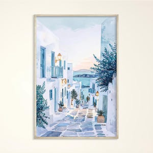 Aquarell Paros Griechenland Kunstdruck, Gemütliche minimalistische Sommer Wandkunst, Meer Ozean Leinwand, griechische Insel Poster Reisegeschenk, blau weiß grün Ton