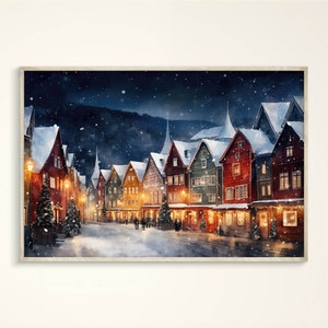 Snowy Bergen Norway Wall-Art: Scandinavian Cozy Winter Travel Poster, Norwegian Christmas Village Canvas, Housewarming Gift, Snowy Print