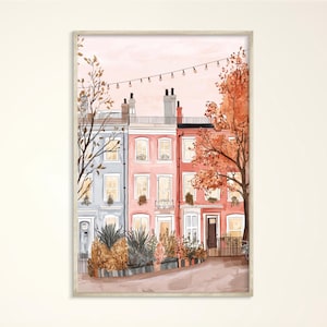 Herbst Notting Hill Poster, Pastell Aquarell London Kunstdruck, Herbst Englische Stadt Illustration, Häuser Illustration, Gemütliche Herbst Wand Dekoration