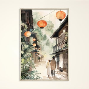 Aquarel Japans dorp Art Print, warme minimalistische huisposter, Ikigai Japan canvas, gezellige slaapkamer illustratie, Aziatisch cadeau voor stel