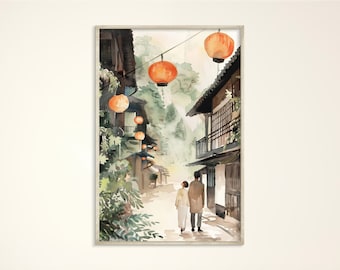 Watercolor Japanese Village Art Print, Warm Minimalist House Poster, Ikigai Japan Canvas, Cozy Bedroom Illustration, Asian Gift for Couple