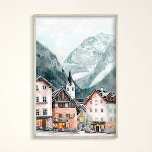 Hallstatt Austria Art Print, Mountains Print, Cozy Hallstatt Wall Art Decor, Hallstatt Canvas, Watercolor Hallstatt Travel Poster Gift