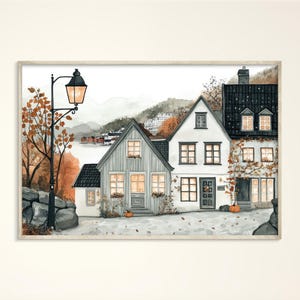 Impresión artística acogedora de otoño en Bergen, póster de acuarela de Noruega, decoración de pared escandinava, lienzo de casas de madera, ilustración minimalista de un pueblo otoñal