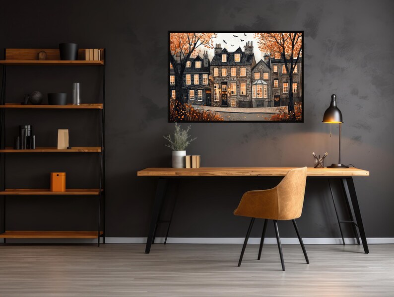 Autumn Edinburgh Art Poster, Watercolor Scotland Print, Warm Halloween