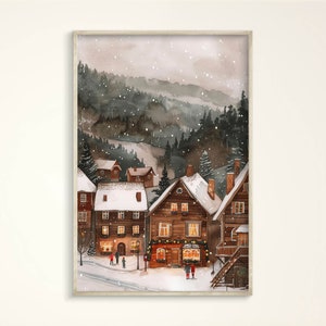 Gemütliche Zakopane Polen Kunstdruck, Aquarell Winter Szene Poster Geschenk, Warme Berghäuser Holz Leinwand, Niedliche Weihnachtsdorf Illustration