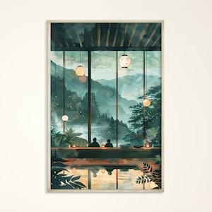 Serata tranquilla alle sorgenti termali in Giappone, stampa artistica, poster minimalista e accogliente in acquerello, tela Ikigai Onsen Sentō, illustrazione giapponese moderna