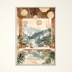 Gemütliche Hot Springs Japan Kunst Druck, Beige Minimalistisches Aquarell Poster, Ikigai Onsen Japanische Kunst Leinwand, Yoga Studio SPA Retreat Illustration