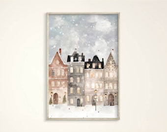 Cozy Winter Copenhagen Wall-Art: Danish Design, Snowy, Minimalist Scandinavian Print, Watercolor Christmas Canvas, Denmark Gift, Winter City