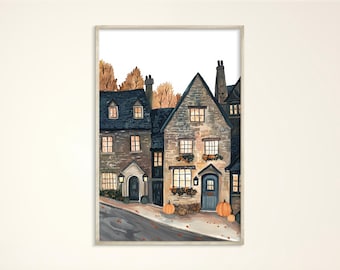 Gemütliches England Herbst Kunstdruck, Aquarell Dorf Poster, Warme Halloween Wanddekoration, Steinhaus Straße Leinwand, Stimmungsvolle Herbst Haus Illustration