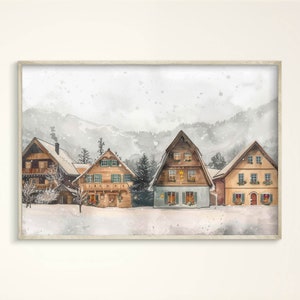 Verschneite Zakopane Polen Kunstdruck, Gemütliche Berge Polen Reise Poster Geschenk, Aquarell Häuser Leinwand, Weihnachten Winter Stadt Szene Wandkunst
