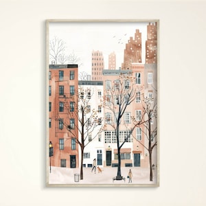 Stampa artistica accogliente di New York, poster della città autunnale con acquerello caldo, tela minimalista di Manhattan NYC, illustrazione dell'ingresso con tavolozza di colori beige sabbia