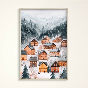 Gemütliche Zakopane Polen Kunstdruck, Aquarell Winter Szene Poster Geschenk, Hölzerne Berghäuser Leinwand, Niedliche Weihnachtsdorf Illustration