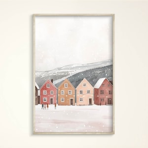 Gemütliches Tromsø Norwegen Kunstdruck, Hygge Geschenk Poster, Aquarell Bunte Häuser Leinwand, Minimalistische Skandinavische Winter Stadt Wand Dekoration
