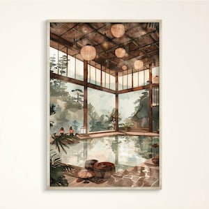 Calming Hot Springs Japan Kunstdruck, gemütliches minimalistisches Aquarell Poster, Ikigai Onsen japanische Leinwand, Yoga Studio SPA Retreat Illustration