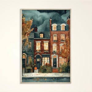 Stimmungsvoller Herbst Dublin Print, Aquarell Irland Poster, Halloween Dekoration, Backstein Häuser Straße Leinwand, Regnerische Herbst Stadt Illustration
