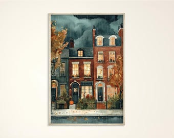 May include: A watercolor painting of a row of brick houses with lit windows. The houses have dark blue doors and are surrounded by trees with orange and yellow leaves. A small pumpkin sits on the sidewalk in front of the houses.