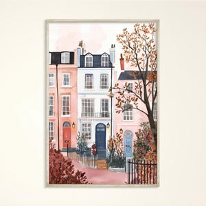 Stampa artistica di scena autunnale accogliente, poster di Notting Hill di Londra in acquerello, stampa autunnale, arte autunnale, opera d'arte di case autunnali, illustrazione di case autunnali