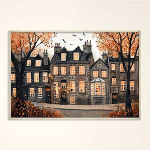 Herbst Edinburgh Kunst Poster, Aquarell Schottland Druck, Warme Halloween Illustration, Steinhäuser Leinwand Geschenk, Gemütliche Herbst Stadt Wanddekoration