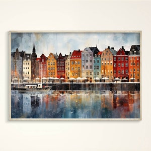 Vibrante murale con acquerello raffigurante il Nyhavn di Copenaghen: paesaggio urbano danese, colorato, accogliente, elegante, commovente, porto, graziose case, città vivace