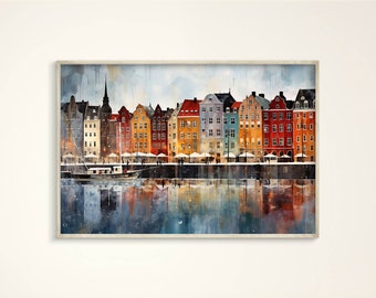 Vibrant Copenhagen Nyhavn Watercolor Wall-Art: Danish Cityscape, Colorful, Cozy, Elegant, Heart Warming, Harbor, Cute Houses, Lively City