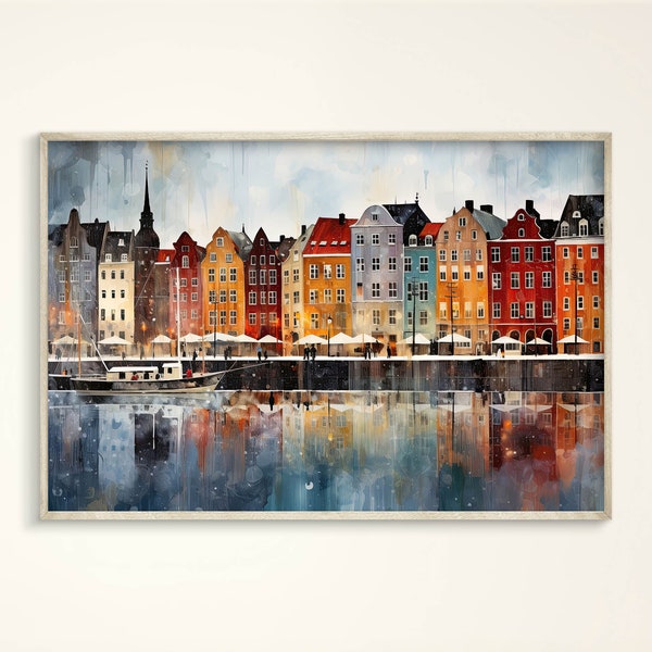 Vibrant Copenhagen Nyhavn Watercolor Wall-Art: Danish Cityscape, Colorful, Cozy, Elegant, Heart Warming, Harbor, Cute Houses, Lively City