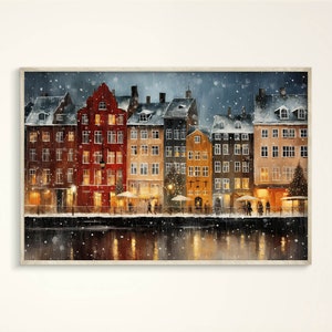 Nuit d'hiver, Copenhague, Nyhavn, aquarelle murale : Noël, danois, coloré, élégant, réconfortant, port, jolies maisons, animé, enneigé
