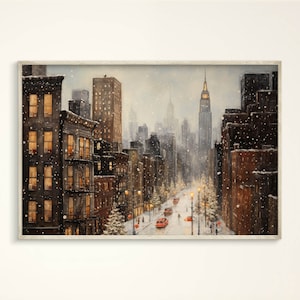 Vintage Winter Snowy Manhattan Wall-Art: Cozy, New York, NYC Painting, Warm Colors, Winter City, Christmas New York, Festive Atmosphere