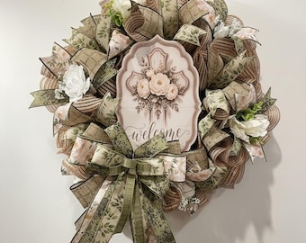 Welkomstkrans voor de voordeur | Rustieke boerderij welkomstkrans | Decoratie lente/zomer | Deco krans van gaaslint | Ingangsdecor
