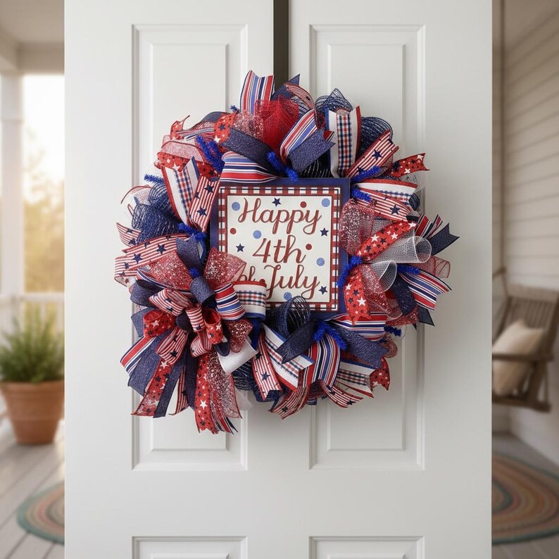 Happy 4th of July Wreath | Red White Blue Patriotic Door Decor, Stars ...