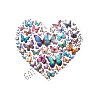 Puede incluir: Una forma de corazón hecha de mariposas coloridas. Las mariposas son de varios tonos de azul, morado, rosa, naranja y amarillo. Las mariposas están dispuestas en forma de corazón sobre un fondo blanco.