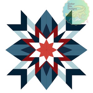 Peut inclure: Un bloc de courtepointe en forme d'étoile éclatante rouge, blanc et bleu avec un motif géométrique. Le bloc est composé de différentes nuances de bleu, de rouge et de blanc.