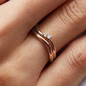 Curved Wedding Band, Pave Real Diamond Band, Wave Wedding Band, Dainty 14K Engagement Ring, Two Stone Ring Delicate Anniversary Gift For Her