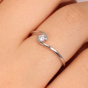 14K Gold Natural Diamond Bypass Ring: Twisted Engagement Stacking Ring