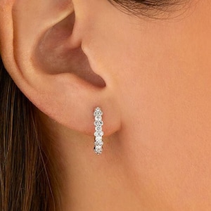 Natural Diamond Huggies Hoop Earring, Three Row Alternating Diamonds Huggie Earring, 14K Gold Minimalist Bridal Wedding Jewelry Gift For Her
