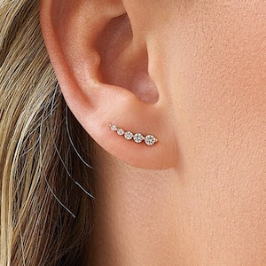 Diamond Cluster Earring, 14K 18k Gold Natural Diamond Cluster Spray Ear Climber Crawler Earring Stud, Round Shared Prong Stud, Gift For Her