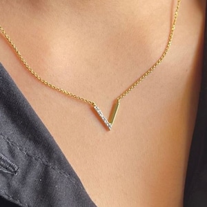 14K Yellow Gold Diamond V Necklace: Dainty Initial Charm