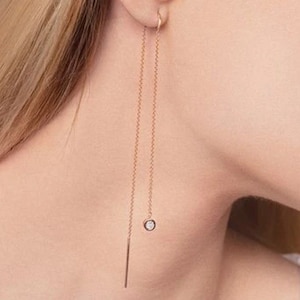 Dainty Threader Earring, Natural Diamond Bezel Threader Earring, Real Gold 14K Gold Circle Minimalist Earrings, Handmade Jewelry for Her