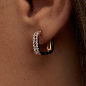 Aros Huggie de diamantes naturales, delicados aros de oro de 14 quilates con doble hilera de pavé, minimalistas, para mujer, para bodas.