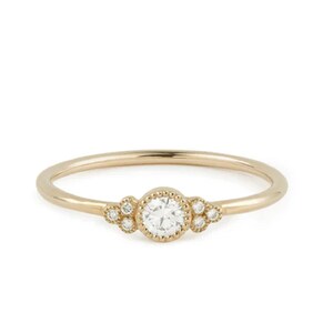 Three Diamond Engagement Ring, Natural Diamond Bezel Wedding Ring, Trio Stone Bridal Ring, 14K Gold Dainty Vintage Jewelry, Anniversary Gift