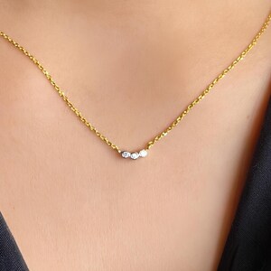 Dainty 14k Gold Trio Diamond Necklace: Bezel Set Three Stone Pendant