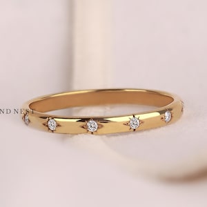 Natural Diamond Flush Set Band, 14K Gold Celestial Wedding Ring, Dainty Stacking Ring, Bridal Matching Band, Star and Moon Diamond Ring