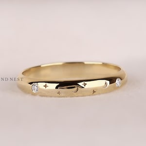 Celestial Natural Diamond Ring, 14K Gold Star & Moon Band, Dainty Stacking Ring for Women, Solid Gold Minimalist Ring Astrology Gift for Her