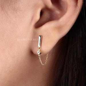 Natural Diamond Bar Chain Earrings, Drop Dangle Studs, Unique Chain Earrings, 14K Gold Bezel Bar Stud, Daily Wear Diamond Earring For Women