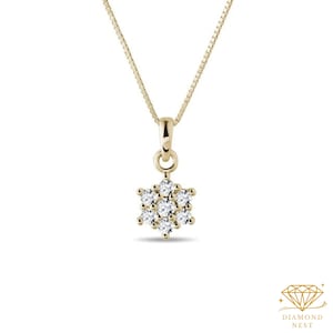 14K Gold Diamond Floral Necklace: Natural Round Diamond Cluster Pendant