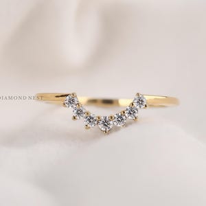 Natural Diamond Curved Wedding Band, 14K Gold Chevron Ring, Stacking Band For Women, Contour V Shape Band, Dainty Bridal Jewelry For Gift