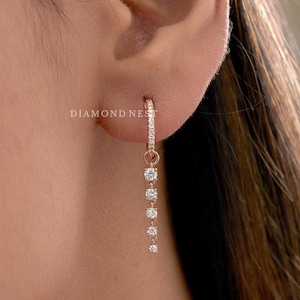 Natural Diamond Single Chain Earrings, 14K Gold Drop Earrings for Women, Minimalist Dangle Hoop Earrings, Bridal Wedding Gift, Birthday Gift