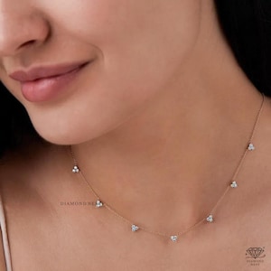 14K Solid Gold Trio Diamond Necklace, Three Diamond Stone Cluster Necklace With Solid Gold Chain, Natural Diamond Station Bridal Necklace