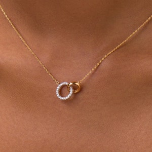 Real Diamond Circle Necklace, 14K White Gold Natural Diamond Circle Necklace, Two Attached Wedding Necklace, Anniversary Gift for Women